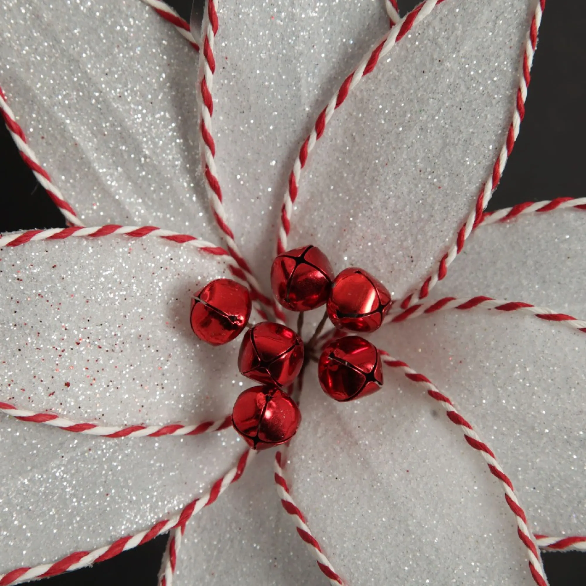 White Glitter Poinsetta Flower Clip with Twine Trim and Bells Best