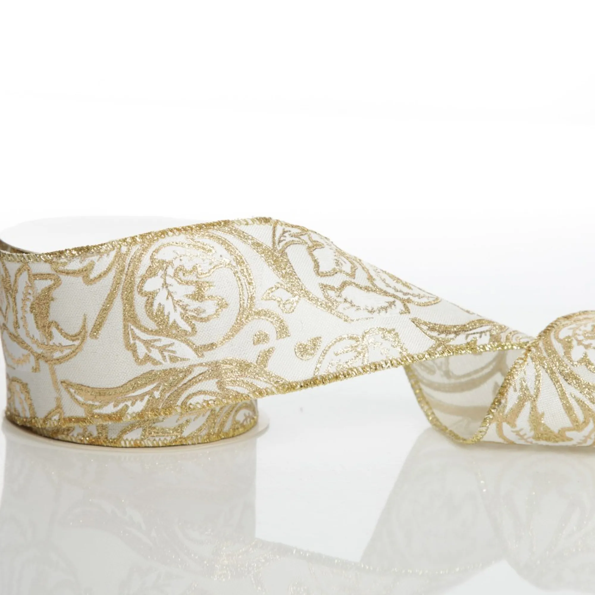 White Linen with Gold Glitter Floral Pattern Ribbon - 6.5cm Fashion