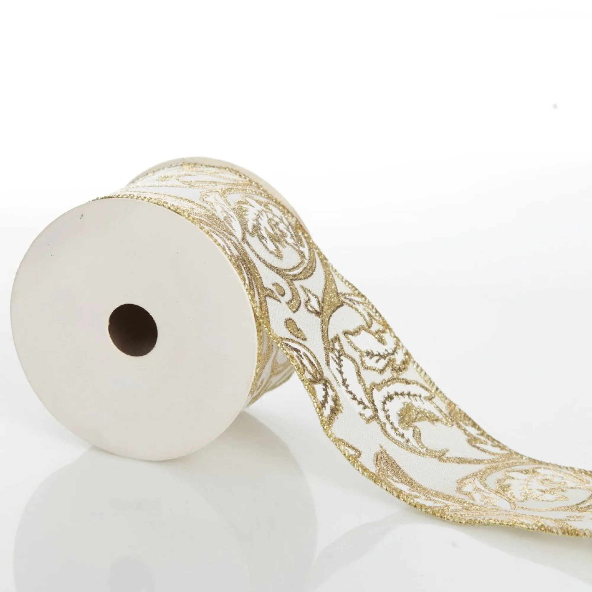 White Linen with Gold Glitter Floral Pattern Ribbon - 6.5cm Fashion