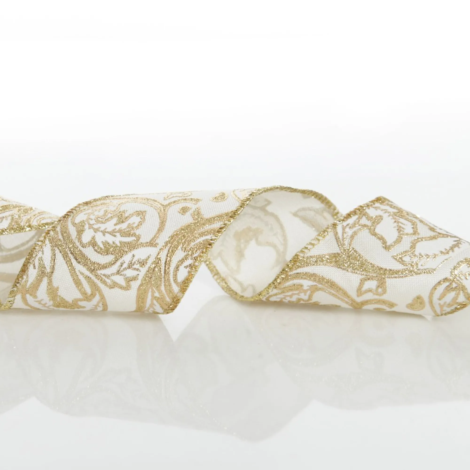 White Linen with Gold Glitter Floral Pattern Ribbon - 6.5cm Fashion