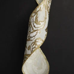 White Linen with Gold Glitter Floral Pattern Ribbon - 6.5cm Fashion