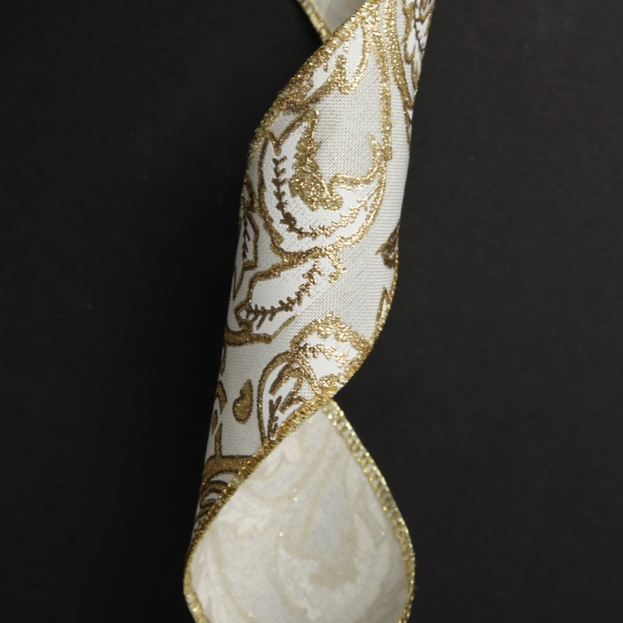 White Linen with Gold Glitter Floral Pattern Ribbon - 6.5cm Fashion