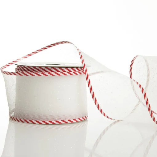White Organza Glitter Ribbon with Candy Cane Trim - 6cm Hot