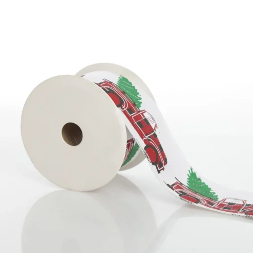 White Ribbon with Christmas Tree Farm Christmas Tree in Truck Print Cheap