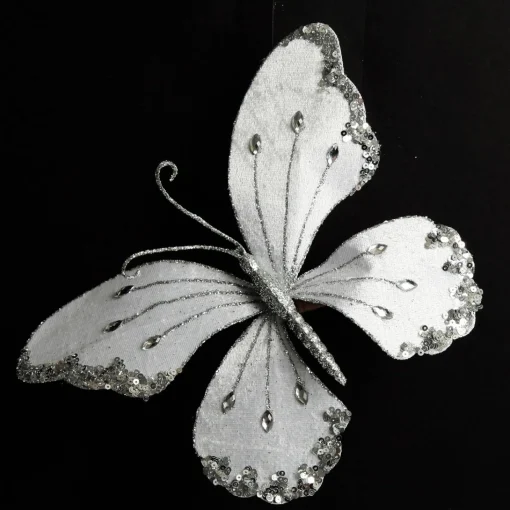 White Satin and Silver Sequin Butterfly Clip Sale