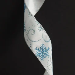 White Wired Christmas Ribbon with Blue and Silver Glitter Snowflakes - 3.8cm Cheap
