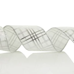 White with Silver Cross Pattern Wired Christmas Ribbon Clearance