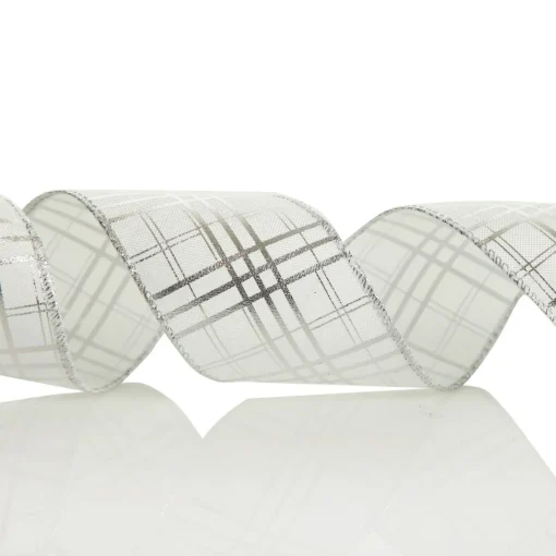 White with Silver Cross Pattern Wired Christmas Ribbon Clearance