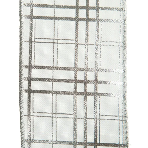 White with Silver Cross Pattern Wired Christmas Ribbon Clearance