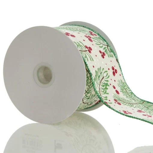 Wide White with Green Fir and Red Berry Ribbon - 6.5cm Sale