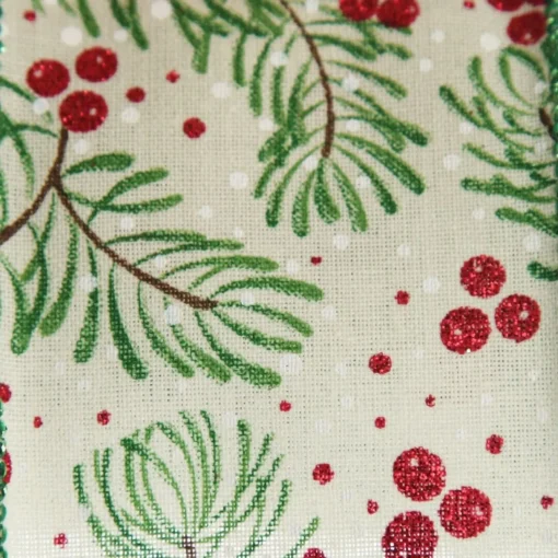 Wide White with Green Fir and Red Berry Ribbon - 6.5cm Sale