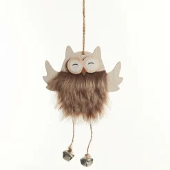 Wood Brown Owl with Closed Eyes Tree Decorations with Fur & Bells Online