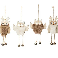 Wood Brown Owl with Closed Eyes Tree Decorations with Fur & Bells Online